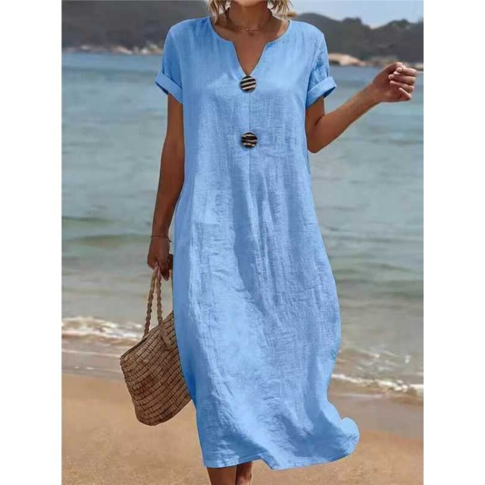 Women's Light Blue V-Neck Short-Sleeve Relaxed Linen-Look Maxi Dress